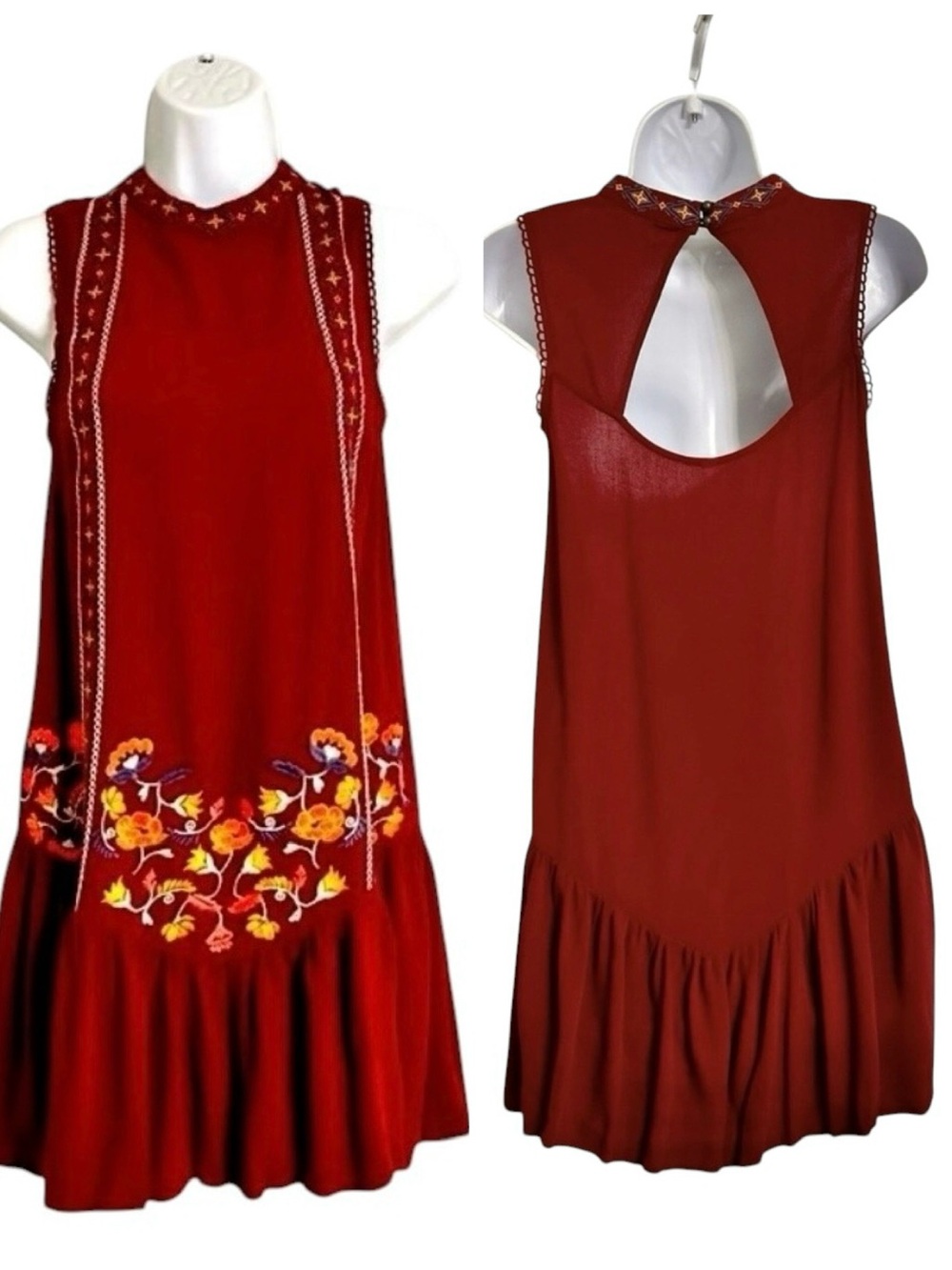Boho Floral Embroidered Short Dress Sleeveless Gathered Hem‎ Cottagecore